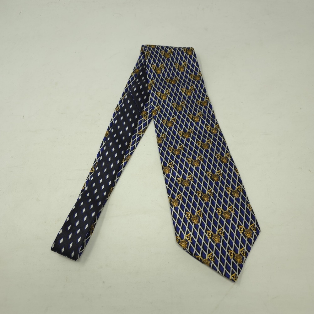 Gianni Versace Mens Silk Tie Blue Gold Medusa Head Diamond Lattice Made in Italy